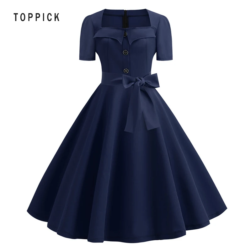 

Plus Size Navy Blue Color Women Summer Vintage Dress Short Sleeve Robe Swing Retro Dress Casual Party Rockabilly 50s 60s Vintage