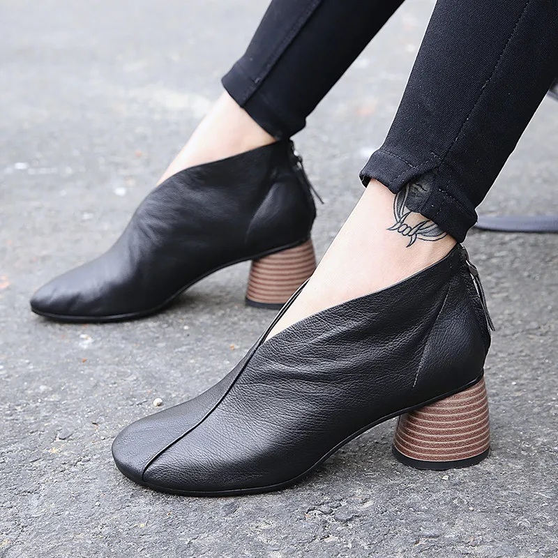 Women Boots Shallow Solid Women Genuine Leather Shoes Soft Square Toe High Heel Thick Ankle Boots