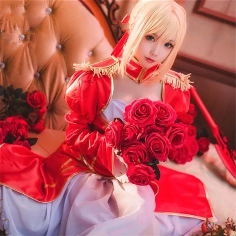 

Anime Fate Stay Night Saber Cosplay Artoria Pendragon Costume Saber Cosplay UBW Fate Zero Nero Red Dress Women fancy ball party