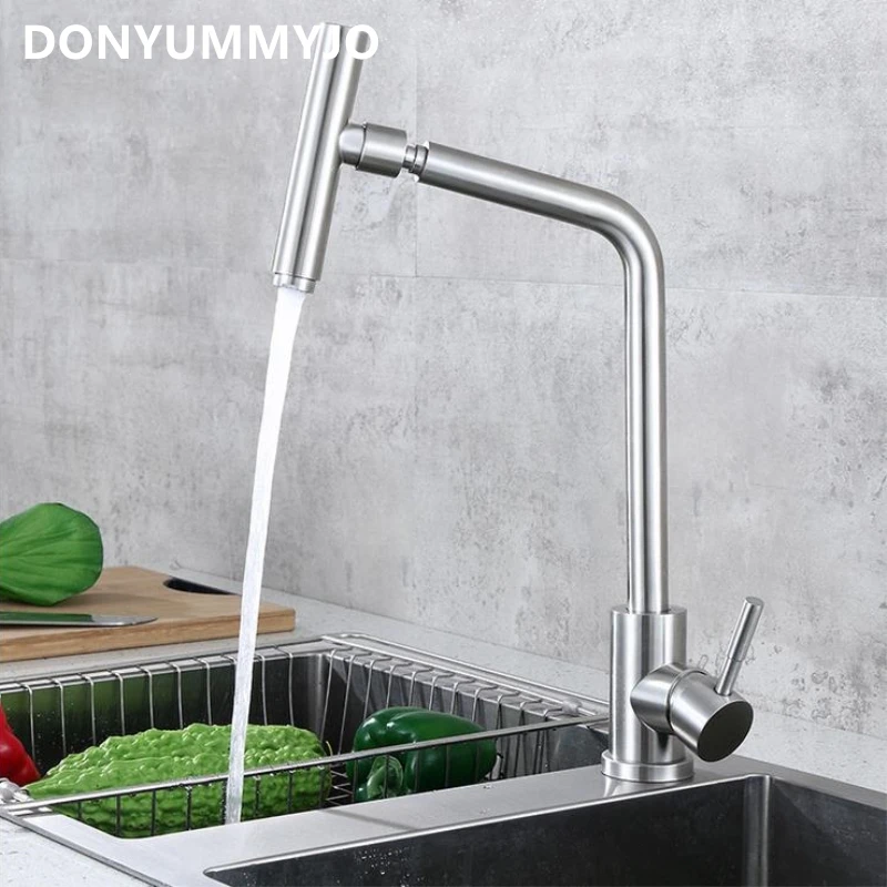 

720 Degree Rotation 304 Stainless Steel Body Nickle Hot And Cold Water Kitchen Sink Faucet Curved Outlet Pipe Taps With 2 Hoses