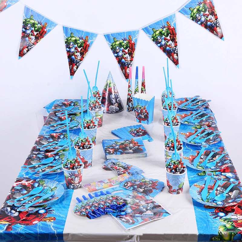 

Superhero Avengers Party Disposable Tableware Set Kids Birthday Party Paper Cup Plate Hat First Birthday Party Decor Supplies