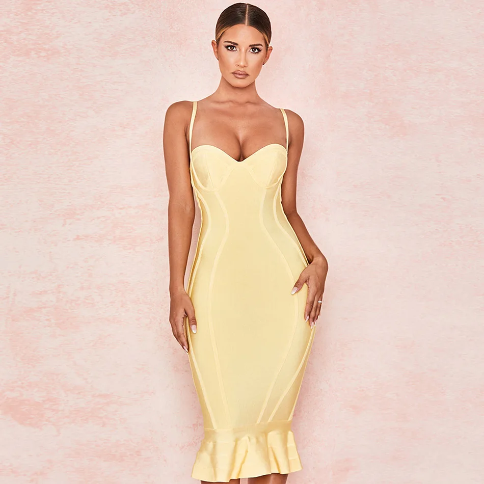 

Chic Yellow V Neck Fish Tail Hem Women Bandage Dress Sexy Spaghetti Strap Sleeveelss Sheath Skinny Bodycon Mermaid Party Dresses