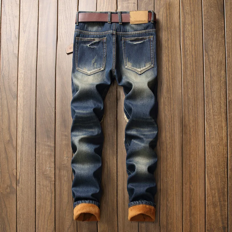 Autumn Winter Men Fashion Ripped Hole Slim Jeans Euro Style Fleece Warm Denim Patchwork Pants Man Casual Personal Quality Jean