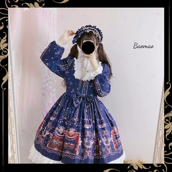 

Free shipping 2019 new Spot) Leopard has a cat original ~Mask Ball OP long-sleeved dress Lolita cyan color
