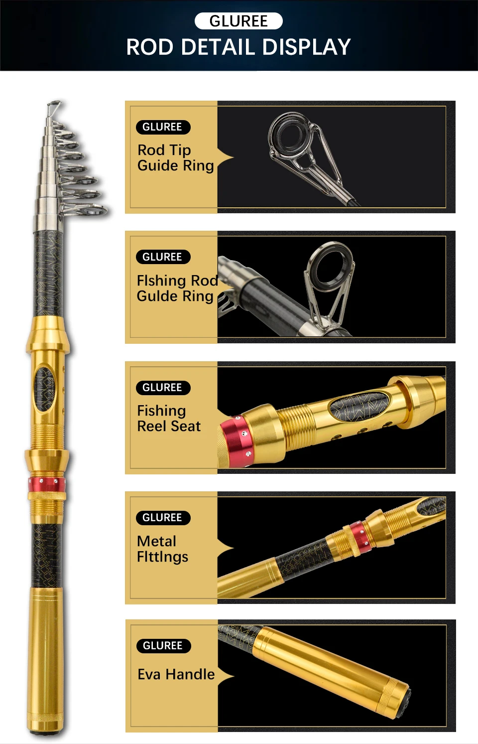 GLUREE 99%Carbon Portable Telescopic Fishing Rod Sea Rod1.82.12.42.73.0M Ocean Rod Spinning Fishing Tackle Golden Handle (17)