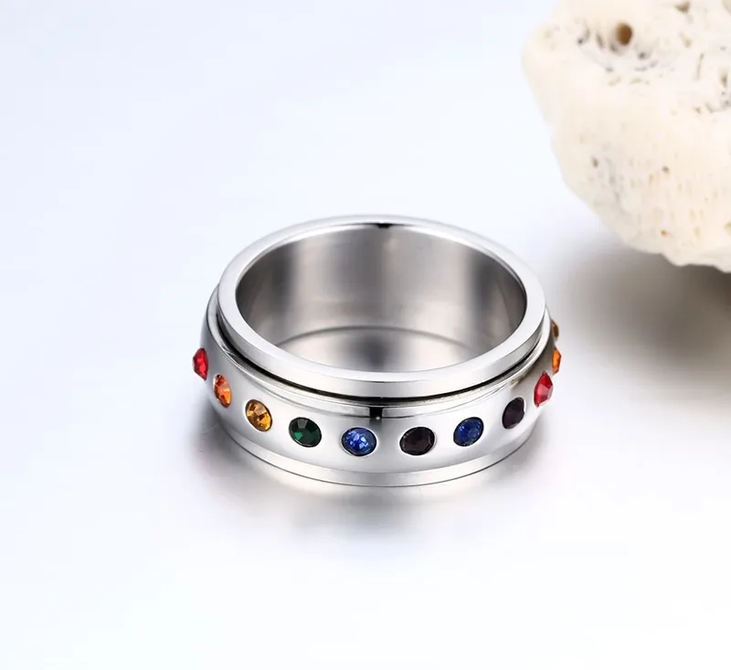 8 мм Для женщин кольца радужные Кристаллы Камень Spinner серебро Цвет свадьбы брендов Обручение подвеска-амулет для вечеринки Pulseira Feminina