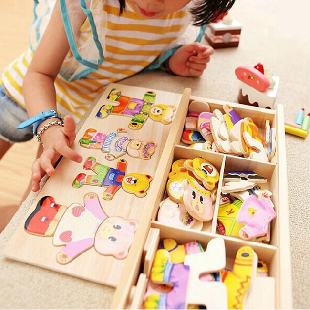 

little bear change clothes Children's early education Wooden jigsaw Puzzle Dressing game Baby Wooden Puzzle toys free shipping
