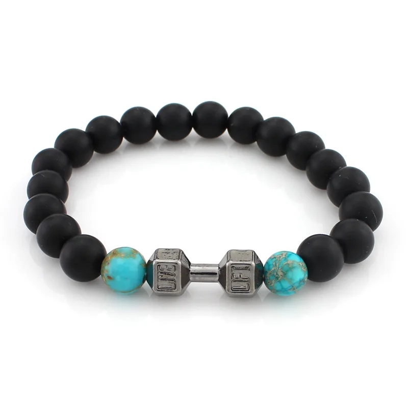 New Arrival Metal Barbell Jewelry for men 8mm Black Matte Agate Stone Beads yoga Fitness Fashion Fit Life Dumbbell Bracelets
