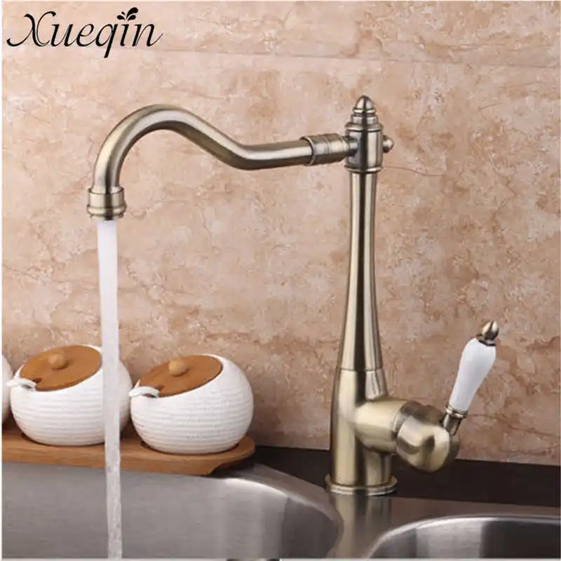 

Xueqin Deck Mounted Antique Copper Bathroom Basin Faucet Single Handle Mixer Tap Bathroom Sink Faucet Hot and Cold Water