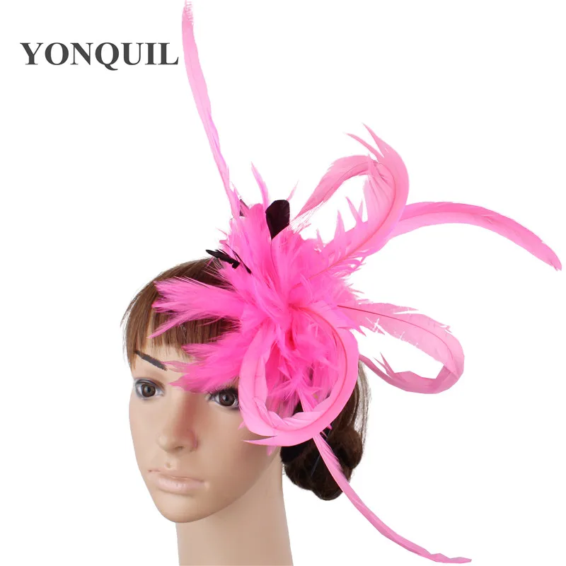 Элегантное платье для девочек перо шляпы преувеличенный для торжественного случая шляп Свадебные украшения для волос аксессуары, очаровательный фиолетовый разноцветные супер SYF41 - Цвет: Розовый