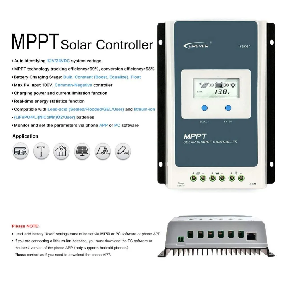 Controlador de Carga Apto para Bateria de Lítio Negativo à Terra Epever Mppt Solar 12 v - 24 Medidor Remoto Automático Mt50 Lcd 10a 20a 30a 40a 5 medidor remoto automático mt50 apto para bateria de lítio negativo à terra lcd