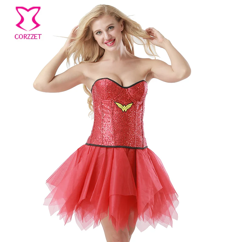 Red Sequined Wonder Woman Cosplay Sexy Gothic Dresses Carnival