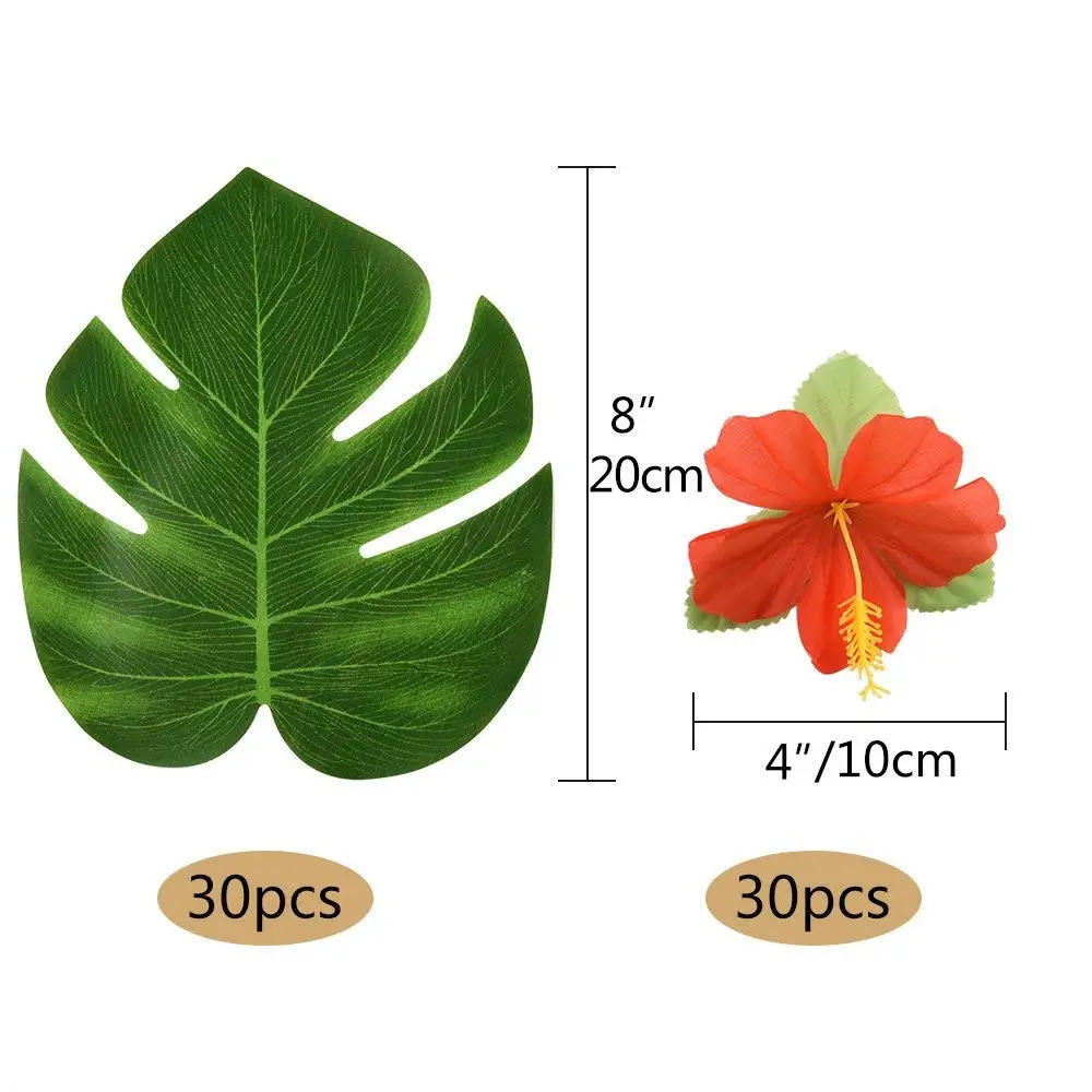 60Pcs Tropical Luau Party Decoration Tropical Leaves Hibiscus Flowers for Hawaiian Aloha Party Supplies