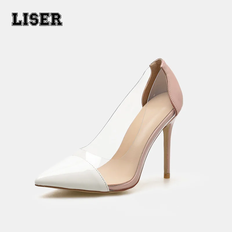 

2019 new designer high thin heels pumps female patent leather pointed toe slip on shallow transparent young casual shoes woman