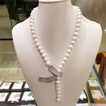 

design 9-10 mm white natural freshwater pearl fashion necklace sweater chain DIY micro inlay zircon accessories fashion jewelry