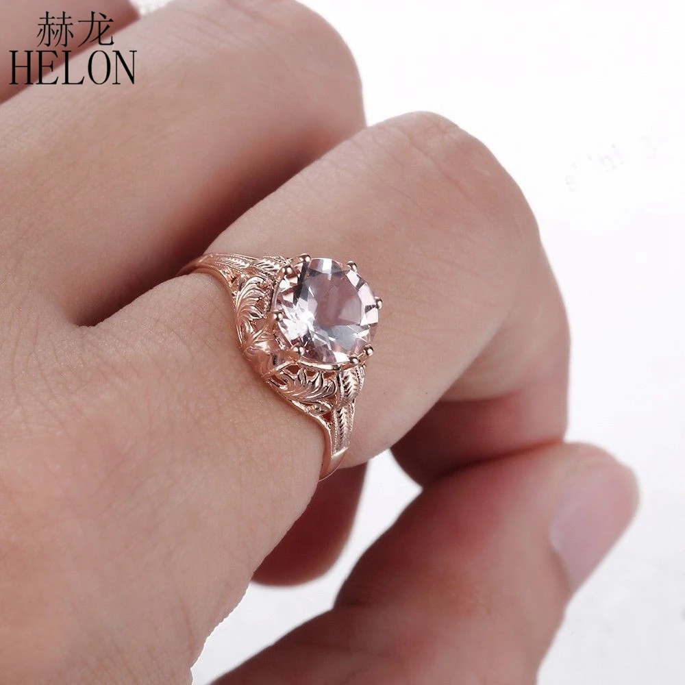 HELON Flawless 8mm Round Pink Morganite Ring Solid 14K Rose Gold Wedding Gemstone Ring Vintage Style Engagement Art Deco Ring