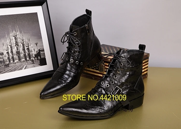 

Fashion Genuine Leather Boots Men Shoes Pointed Buckle Strap Ankle Boots Black Martin Boots Botas