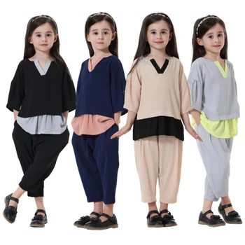 

Malaysia Islamic Clothing Arab Dubai Abaya 90-160cm Muslim Clothes Ruffle Patchwork Sets Asymmetry Tops and Wide Leg Pants Sets