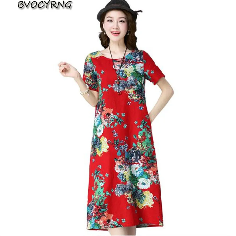 

New 2018 Women Summer Short Sleeve Floral Print Pockets Tunic Baggy Cotton Linen Loose Kaftan Long Shirt Dress Vestido K0143