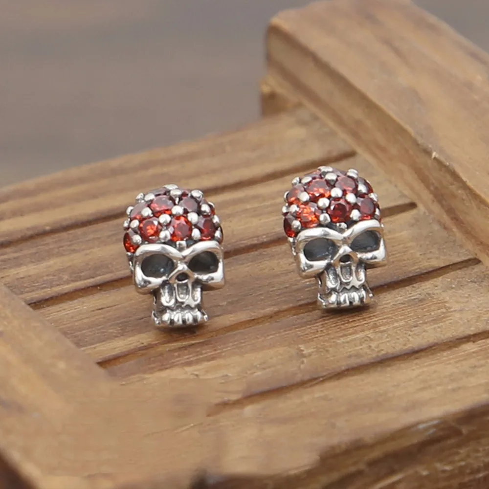 

S925 pure silver skull earrings set with red stone CZ Punk Biker Men and women stud earrings E107
