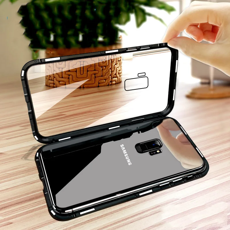 

For Samsung S9 S8 PLUS Note 8 Cases Transparent Tempered Anti-fall Shells Invisible Strong Magnetic Adsorption Protective Shell