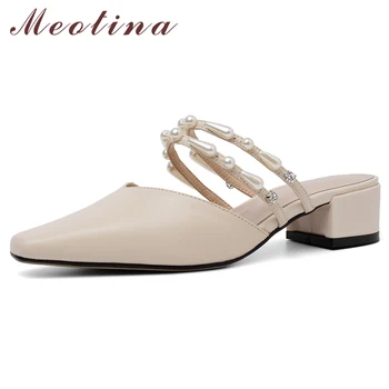 

Meotina Women Sandals Summer Mules Shoes Natural Genuine Leather Chunky Heel Shoes Pearl Square Toe Slides Ladies Big Size 34-43