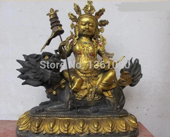 

xd 00726 Tibet Buddhism Bronze Gild Vaishravana Buddha On Dragon Lion kylin Statue
