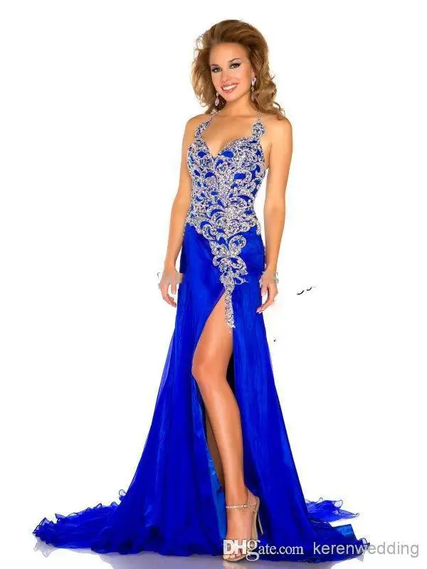 Charming Blue Formal font b Evening b font Gowns Sexy Halter Neck Corset High Side Slit