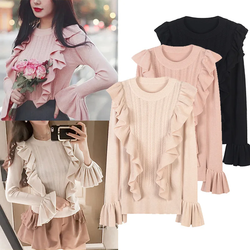 

New spring of 2019 sweater temperament all-match color sleeve lotus leaf