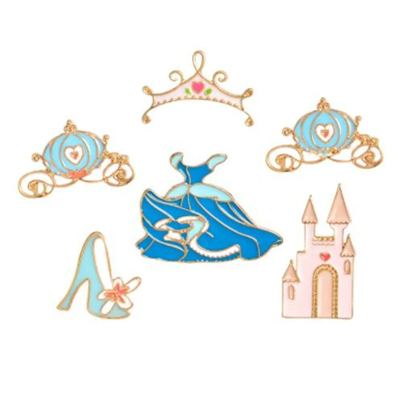 

WKOUD Cinderella Enamel Brooch Crystal shoe castle pumpkin carriage dress crown Denim clothes Pin Buckle Badge Jewelry Gift