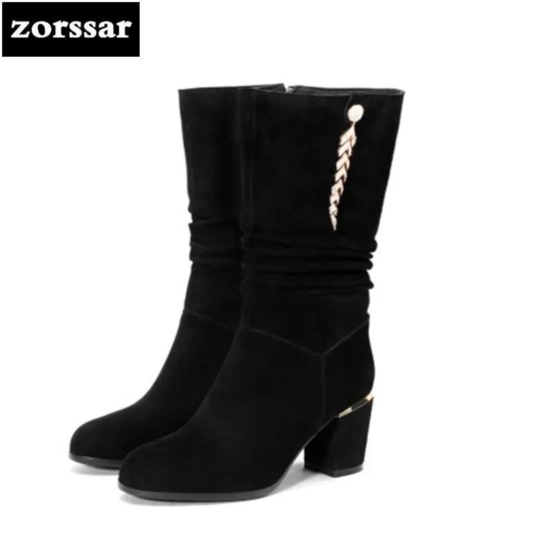 

{Zorssar} Fashion Suede Leather Boots Women Cow Suede Thick High heels Mid-Calf Boots Autumn Winter Fur Women Boots Big Size 43