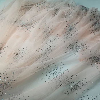 

2 Yards/lot Continuous lace fabric net tulle mesh with rhinestones nice! Pink, Off white, Blue 3 colors in stock lady gowns lace