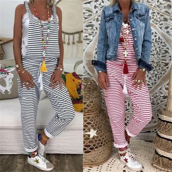 

Summer Striped Print Overalls Women Dungarees Harem Strap Long Pants Jumpsuits Loose Backless Overalls Baggy Sleeveless Playsuit