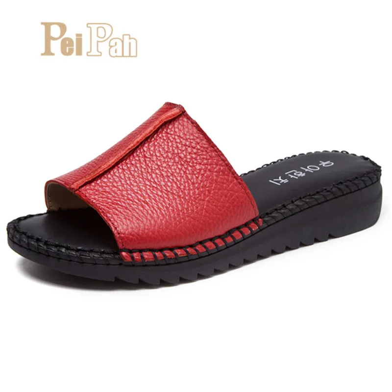 PEIPAH Classic Handmade Genuine Leather Women Slippers Solid Slip On