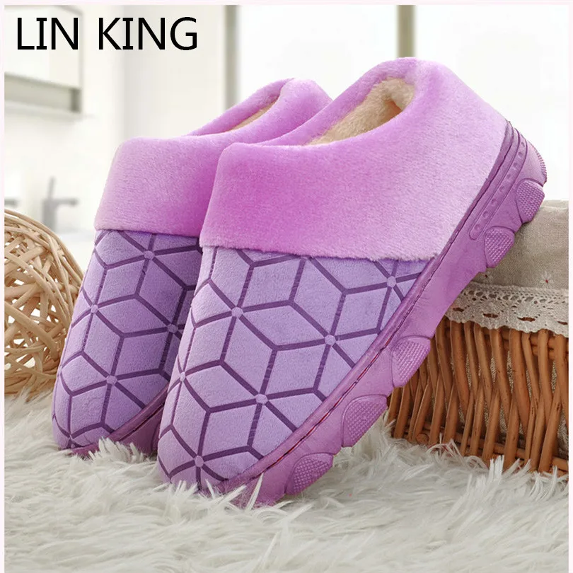 LIN KING New Style Women Winter Cotton Home Slippers Thick Sole Cover Heel Platform House Floor