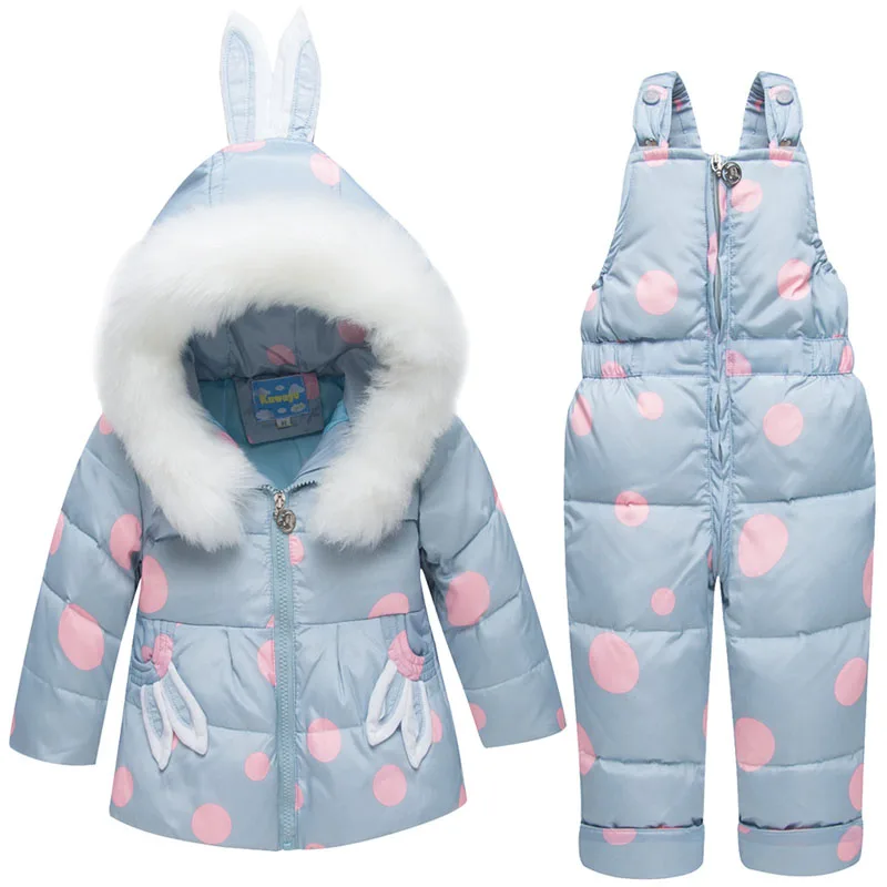 Детский зимний теплый комбинезон с капюшоном; комплект одежды из 90% утиного пуха; штаны; куртка для маленьких девочек и мальчиков; пальто с заячьими ушками