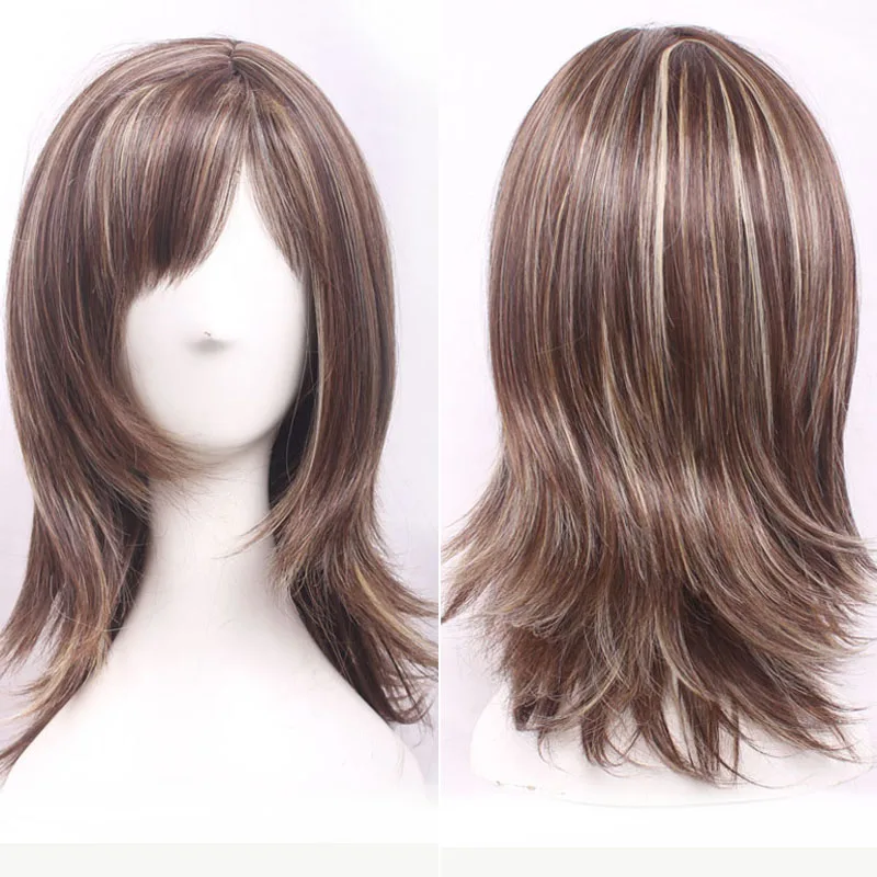 

Brown Mix Blonde Afro Wig Medium Straight Synthetic wigs Side Bang Hair Style Perruque Synthetic Women
