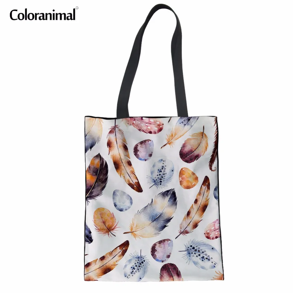 

Coloranimal Feather Design Women Handbags Casual Shopping Pack 3D Flower Floral Print Woman's Linen Bags Shoulde Bags Bookbags