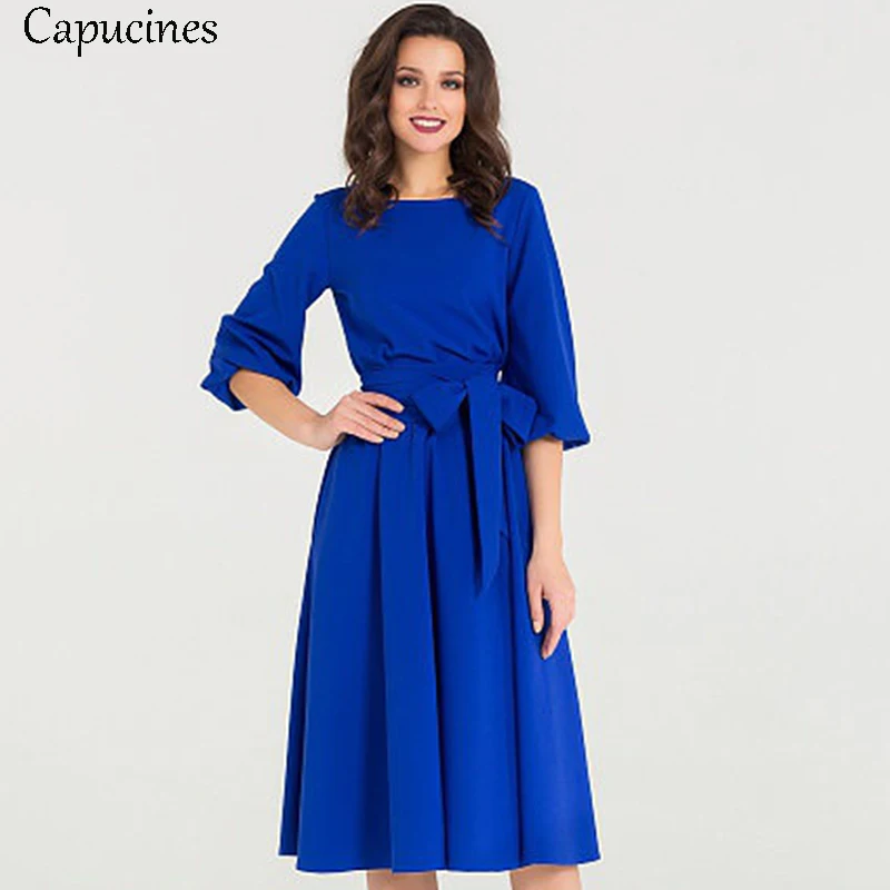 

Elegant Knee-Length Pocket Soild A-Line Dress Women 2019 Summer Vintage Lantern Sleeve Sashes Casual Dress Party Vestidos