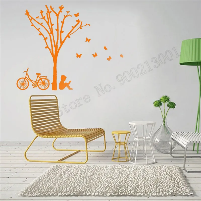 

Cartoon Boys Bike Birds Under The Tree Wall Decoration Vinyl Art Removeable Home Decoration Ornament Decals LY998