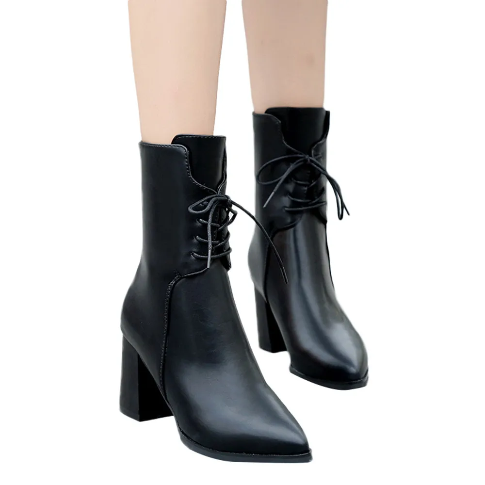 Женская обувь с бахромой в стиле ретро кожаные ботинки средней высоты на высоком каблуке с острым носком однотонные ботинки с перекрестной шнуровкой на квадратном каблуке для отдыха