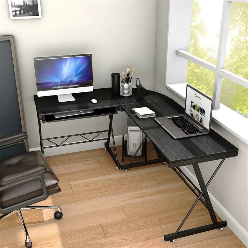 

High Quality Modern Design L-Shape Corner Computer Study Desk Premium MDF Desktop Finish Metal Frame CPU Stand Table HW56544