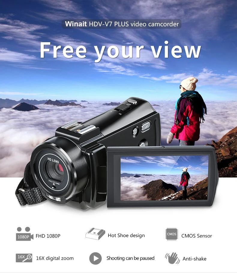 Winait Full HD 1080 p Цифровая видеокамера, 24MP портативный камкордер с 16x цифровым зумом 3," Вращающийся ЖК-экран