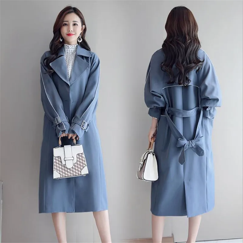 Manteaux Tournent Le Lâche Casual Noir Bas vent Tranchée Mince 2018 Coréenne Vers Longue Couleur Femme bleu Chic Tunique Ol Automne Coupe Solide qqnrvwa6A