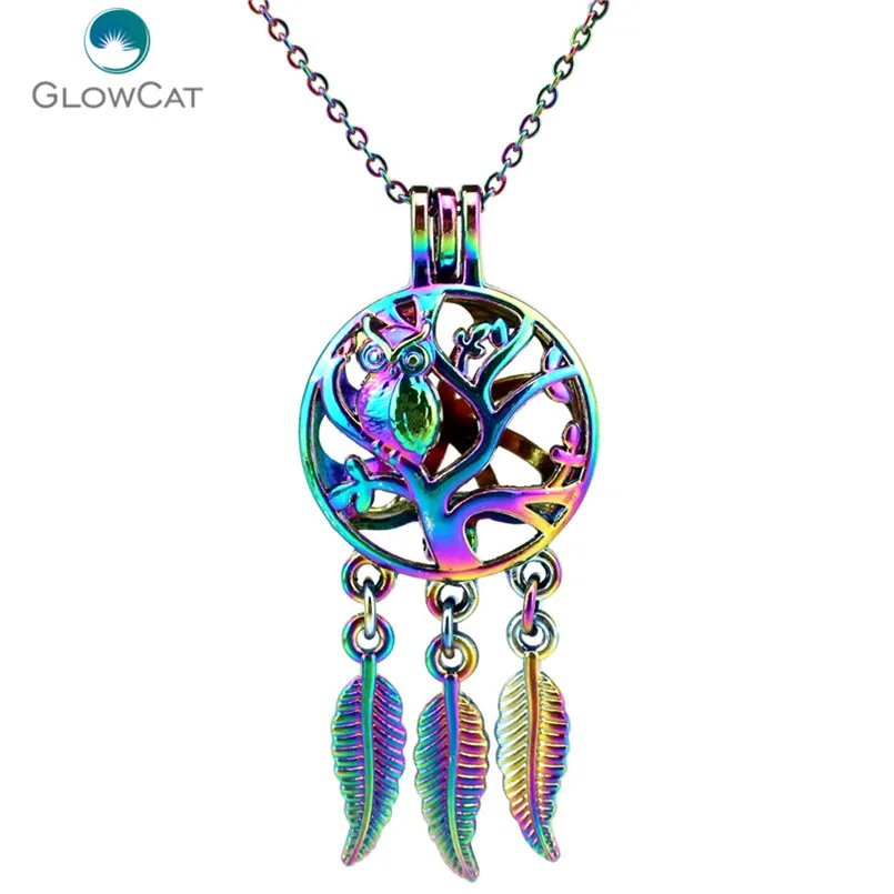 

C711 Rainbow Color Beaty Dream Catcher Tree Owl leaf Cage Pendant Aroma Essential Oil Diffuser Locket Necklace