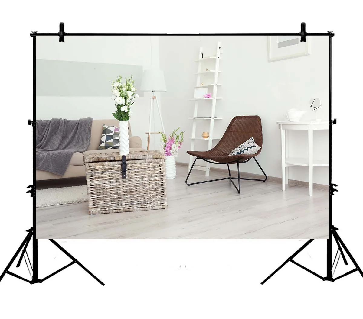 

5x7ft Living Room Sofa Chiar Flowers Vase Ladder Carpet Lamp Polyester Photo Background Portrait Backdrop