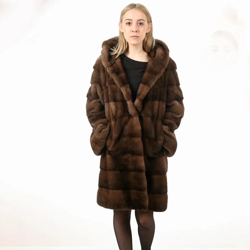 

FURSARCAR 2019 New Natural Real Mink Fur Coat With Fur Hood Women High Street Regular Long Genuine Mink Fur Female Coat