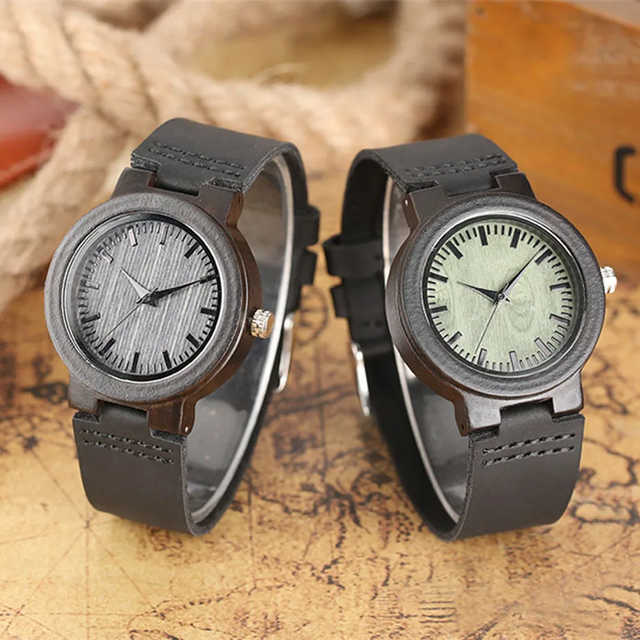 

Casual Wooden Watch Women Quartz Timepiece Natural Ebony Watches Green/Black/Yellow Dial Ladies Genuine Leather Wristwatch reloj