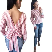 Striped Blouses Women Sexy Bowknot Backless Shirts Long Sleeve O neck Blouse Women Bandage Tops Cotton Female Clothing