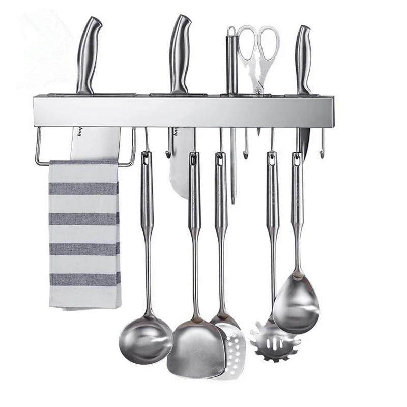 

304 Stainless Steel Kitchen Rack for Knife Holder Cooking Tool Shelf Spatula Spoon Pizza Cutter Scissors Towel Wall Drill Mount